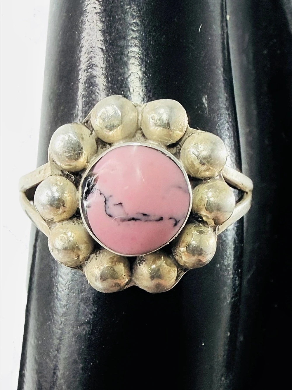 Mexico Sterling Silver 925 Pink Rhodonite Cocktail Ring Size 6 Ball Bead Accent